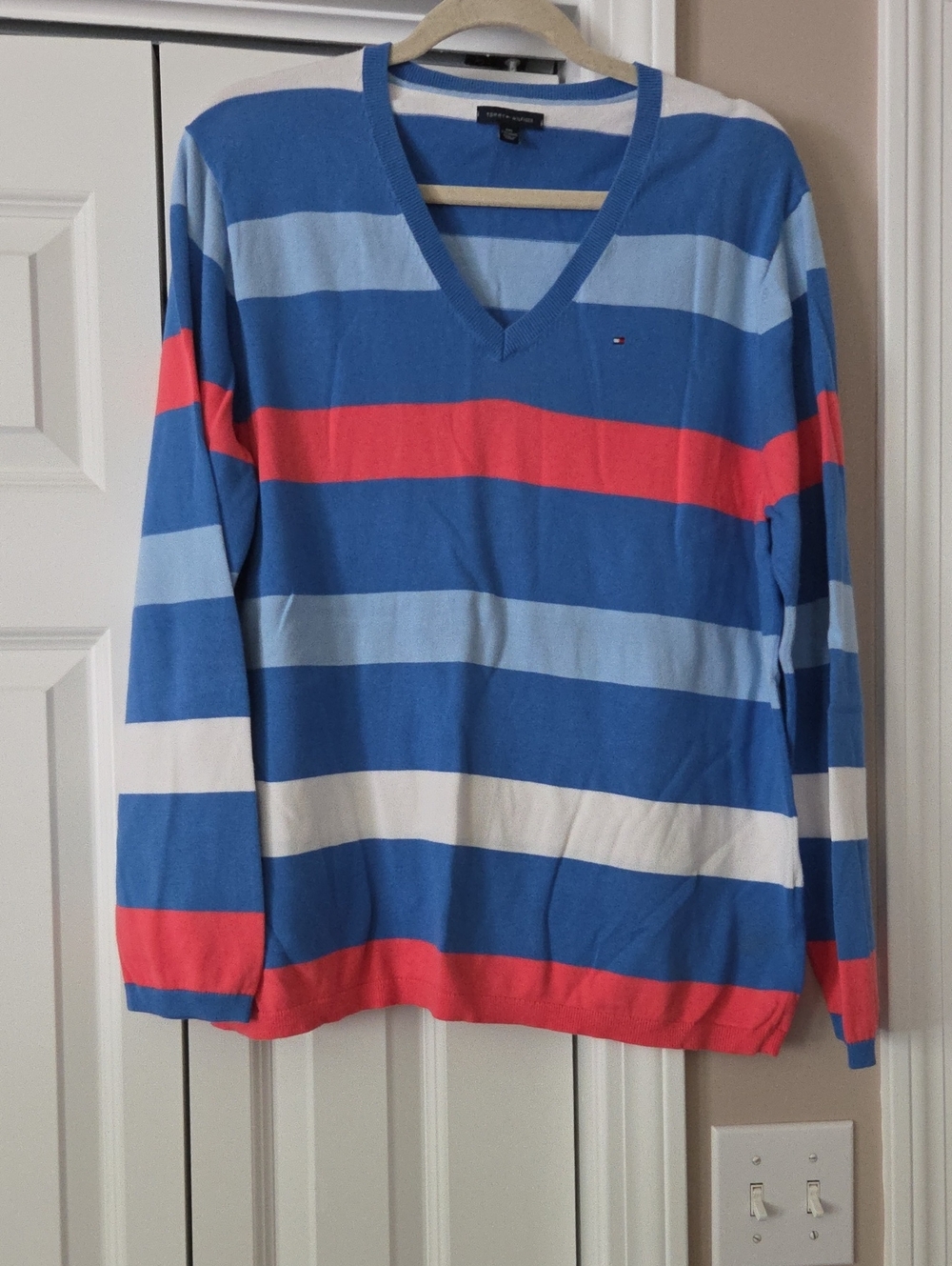 Tommy Hilfiger Men’s V-Neck Striped Sweater - Blue/Light Blue/Red/White